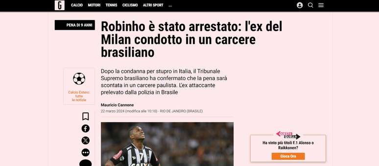 "Robinho foi preso: o ex-jogador do AC Milan levado para uma prisão brasileira"